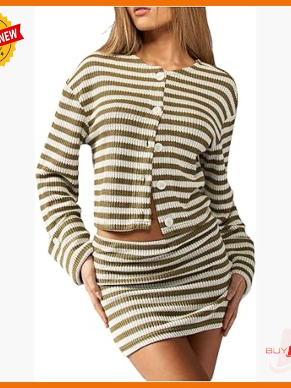 Striped Cardigan and Mini Skirt Set, Knit Lounge Wear, Polyester Blend